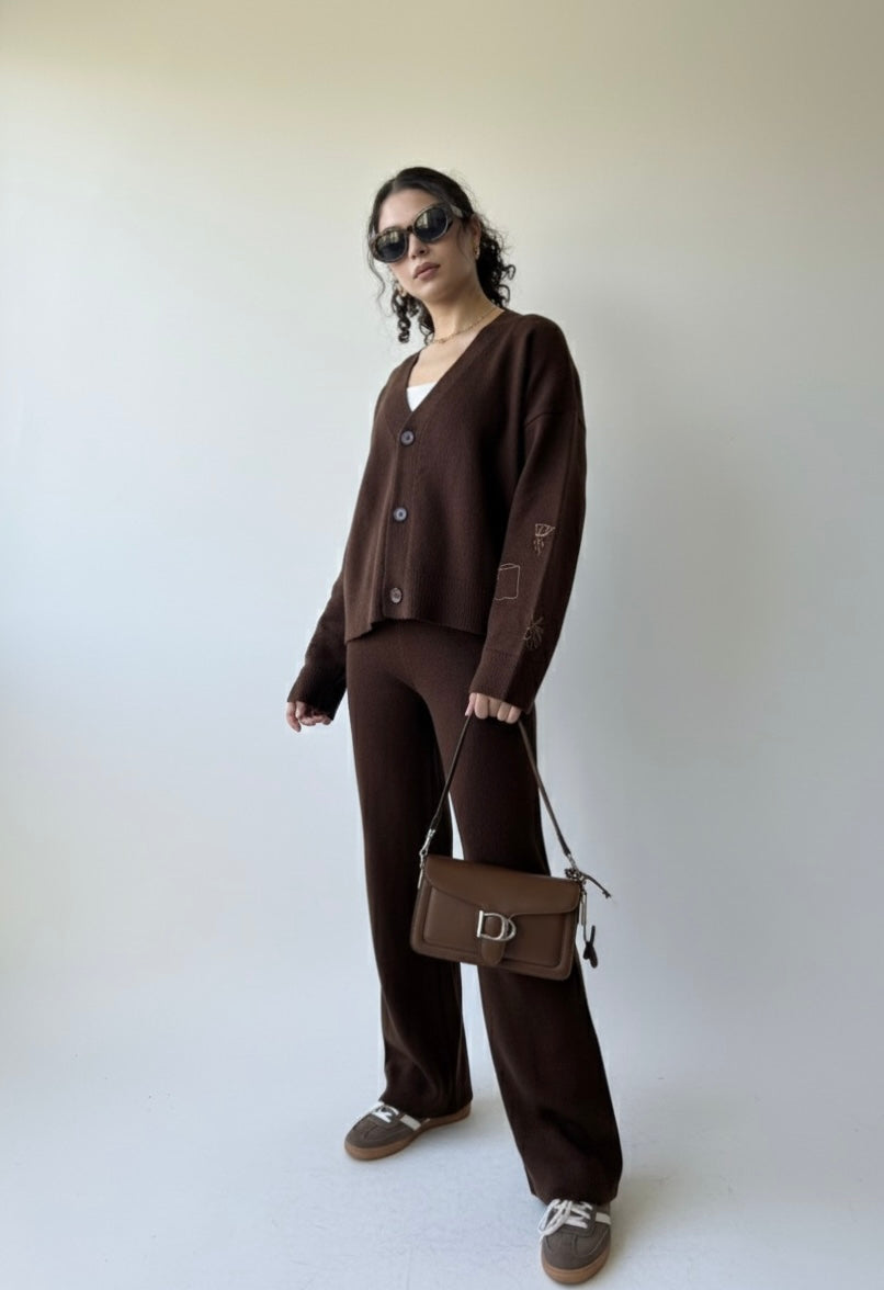 Brown Embroidered Knit Set