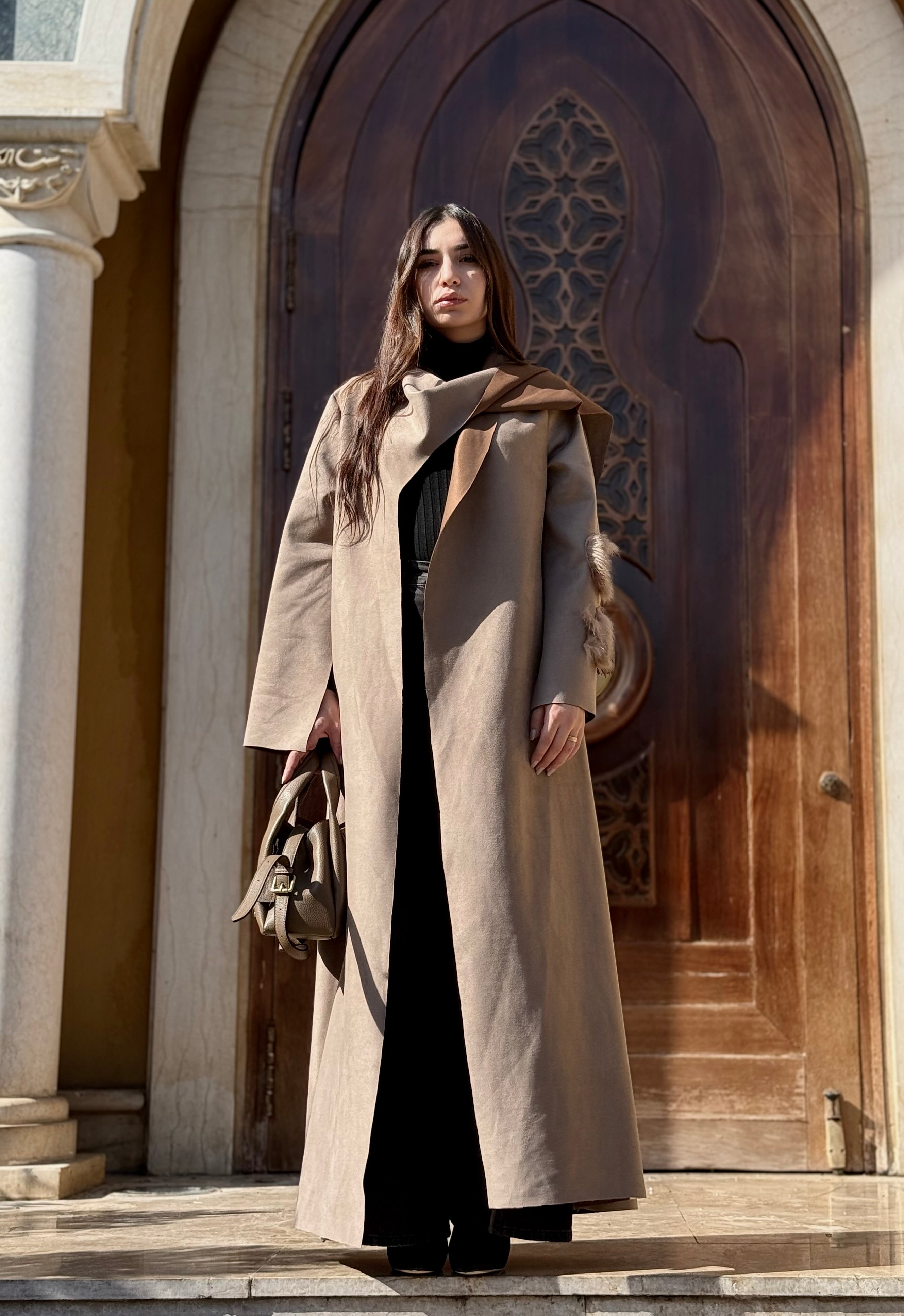 Greige Suede Scarf Abaya with Fur details