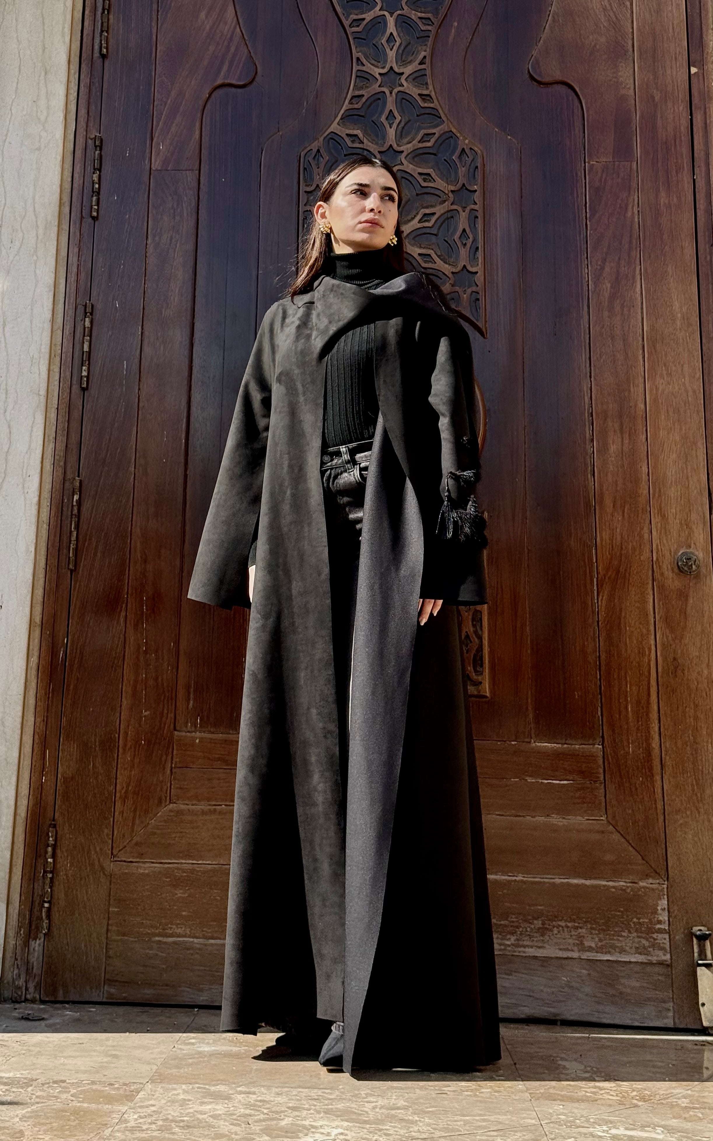 Black Suede Scarf Abaya with Fur details
