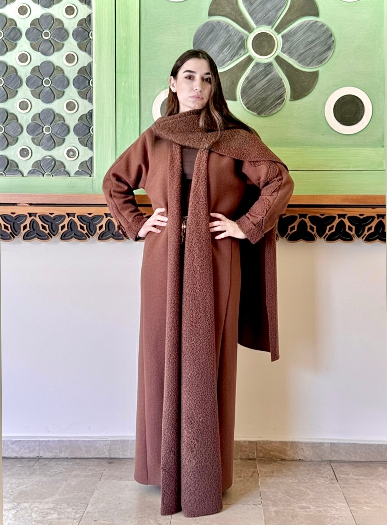 Brown Bouclé Abaya with Scarf