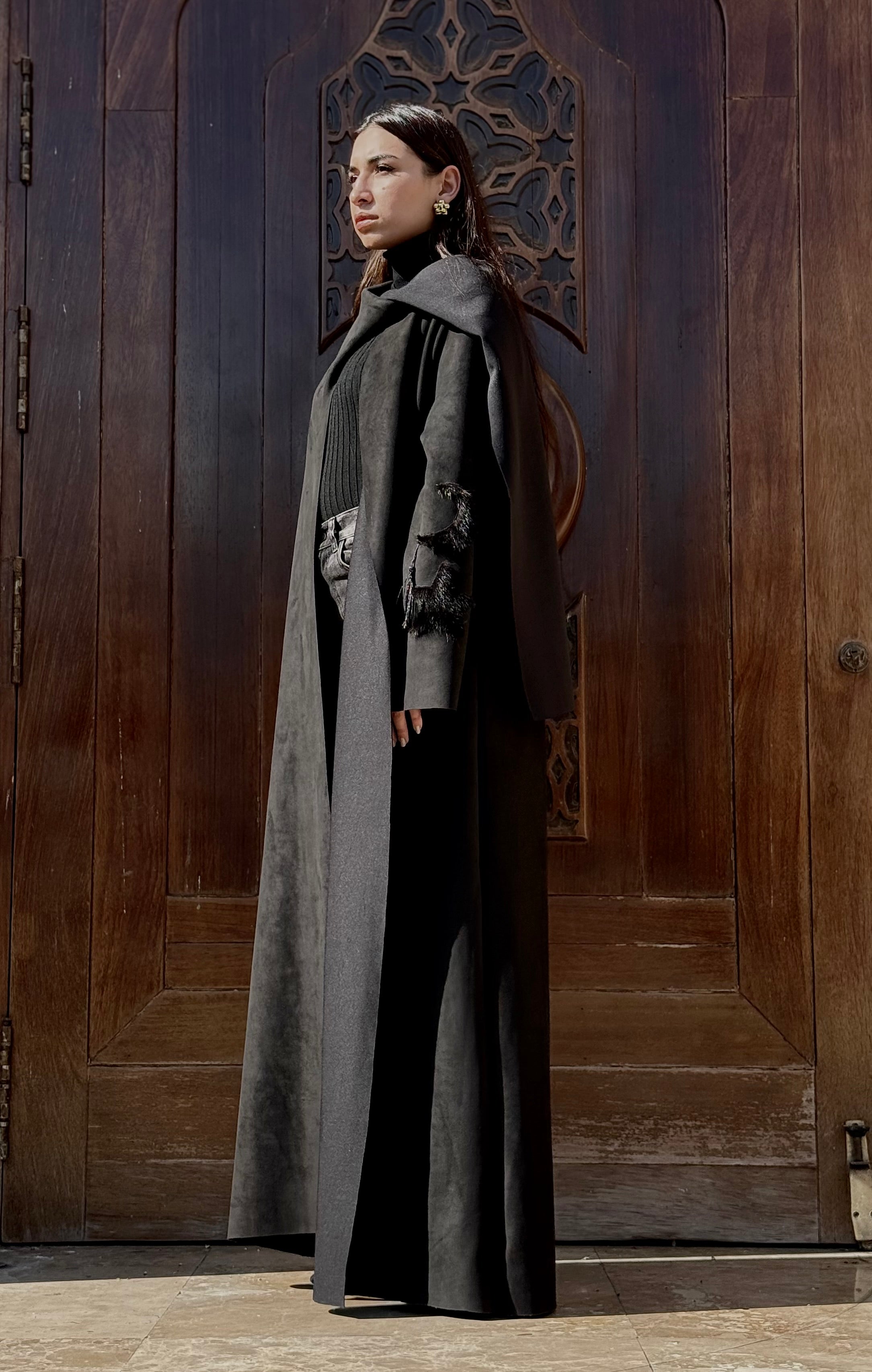 Black Suede Scarf Abaya with Fur details