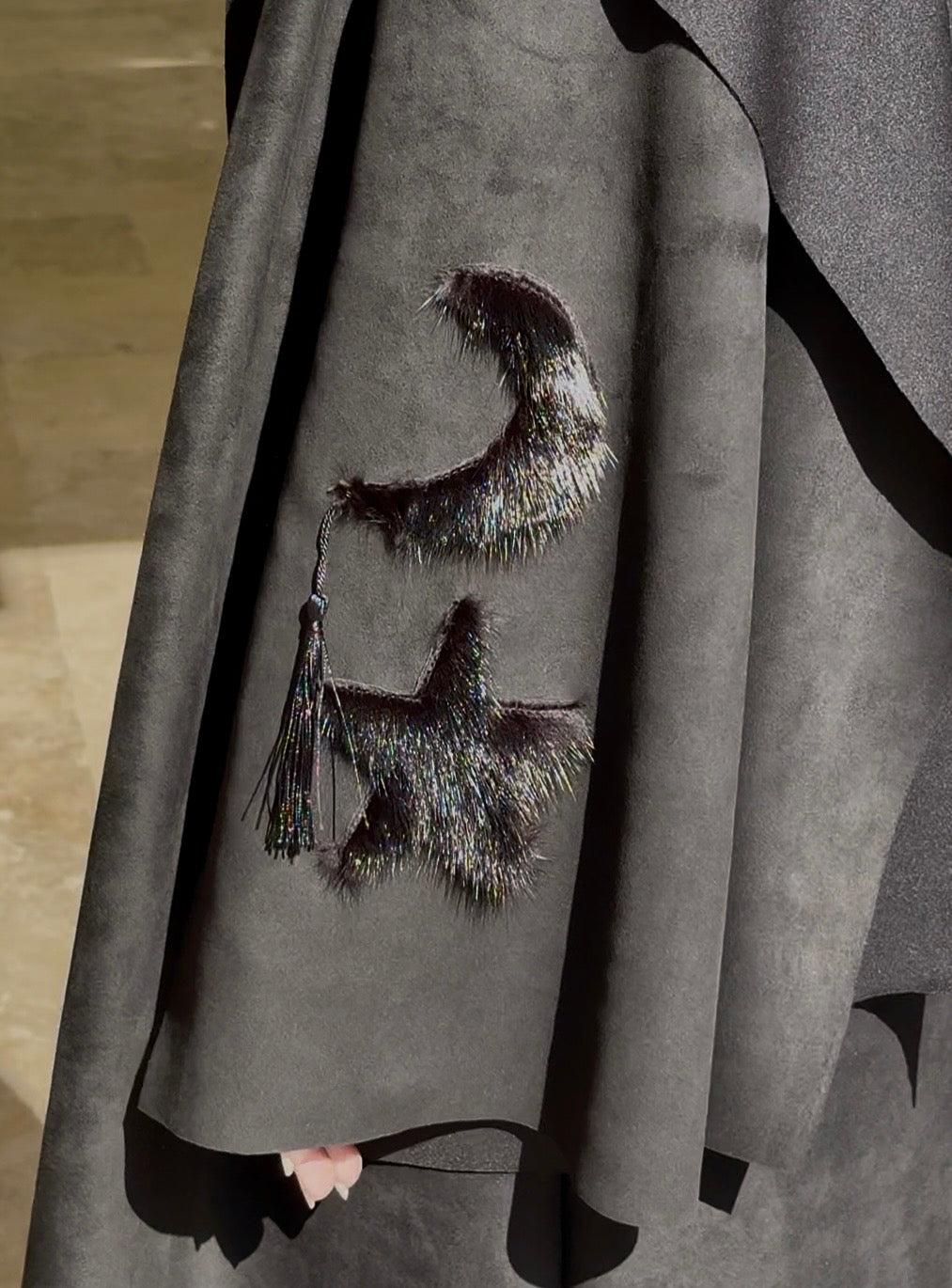 Black Suede Scarf Abaya with Fur details