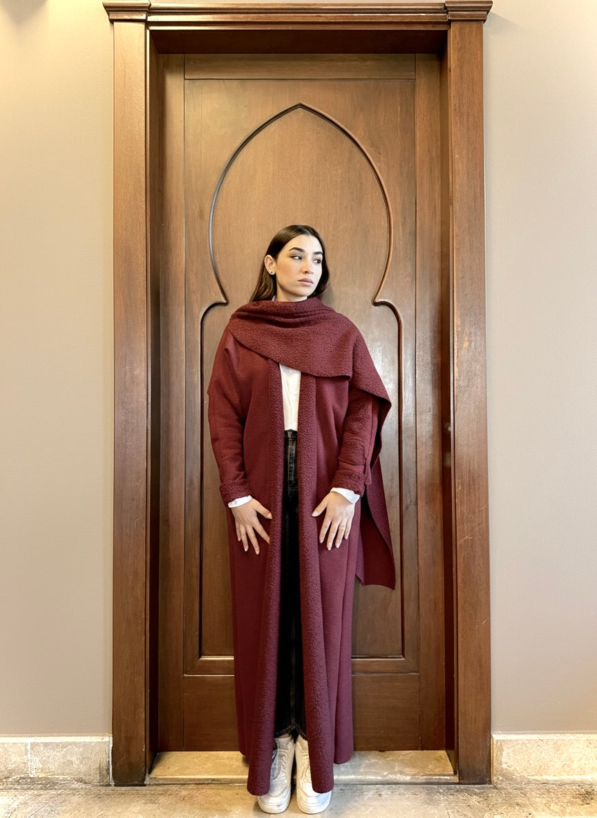 Burgundy Bouclé Abaya with Scarf