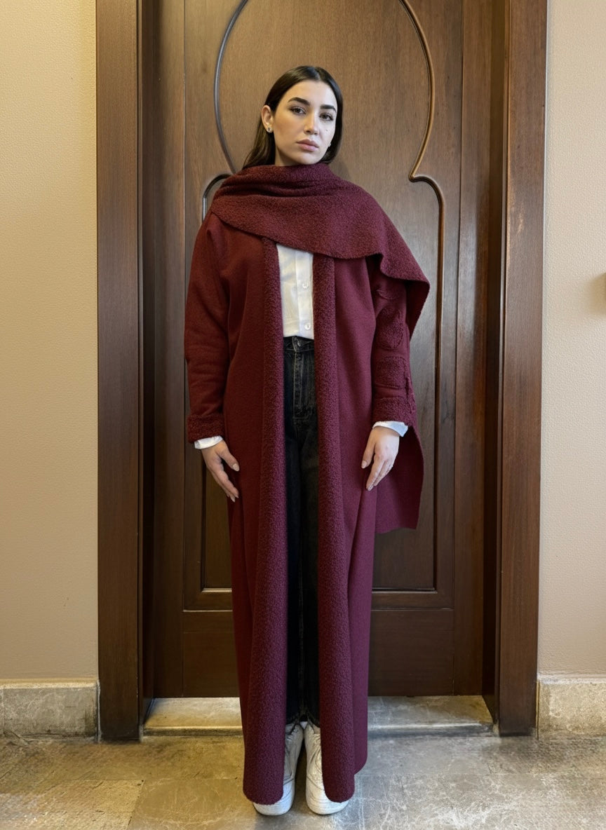 Burgundy Bouclé Abaya with Scarf