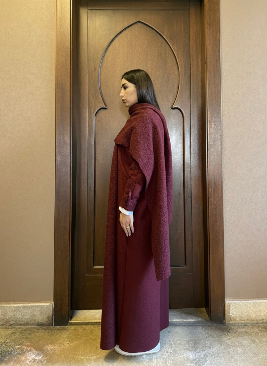 Burgundy Bouclé Abaya with Scarf