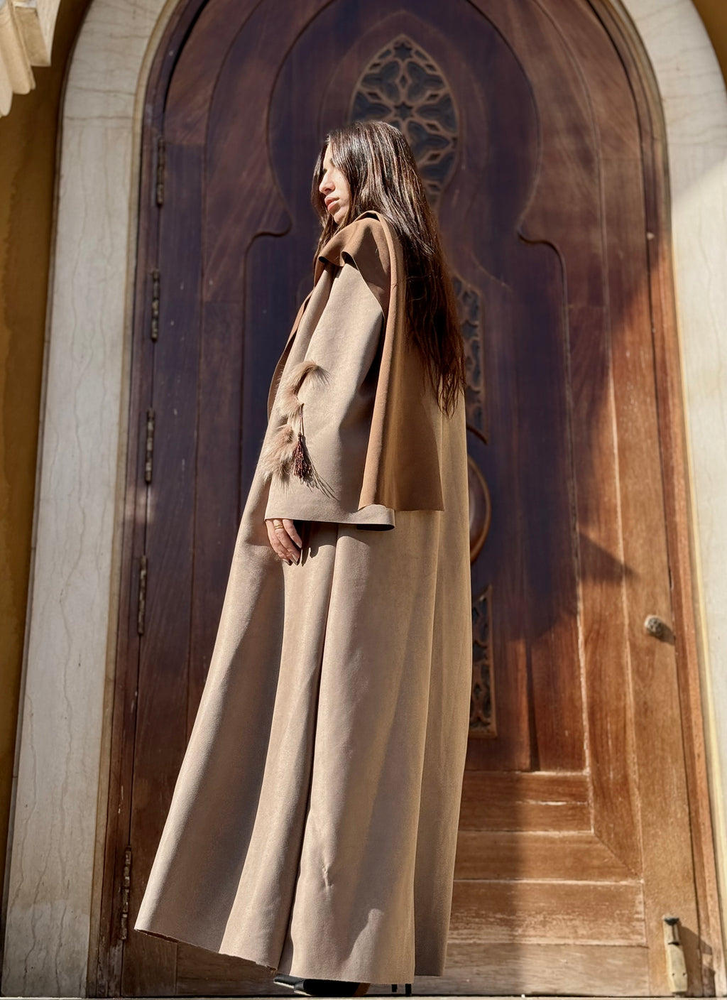 Greige Suede Scarf Abaya with Fur details
