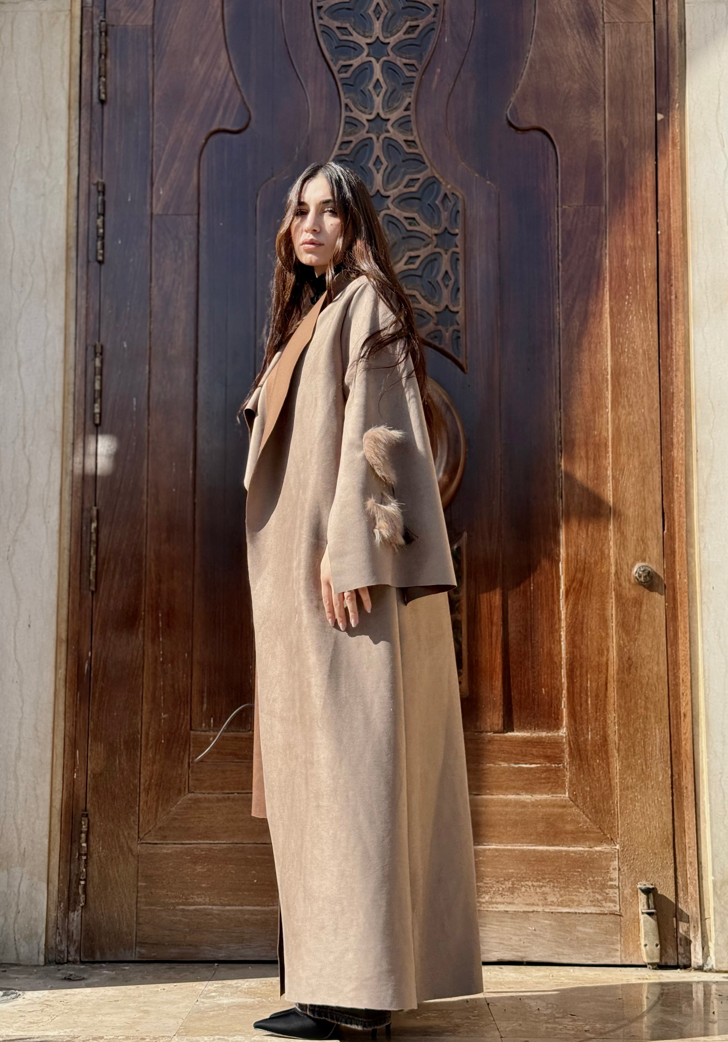 Greige Suede Scarf Abaya with Fur details