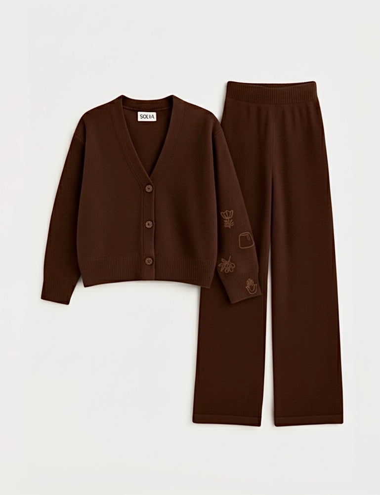 Brown Embroidered Knit Set